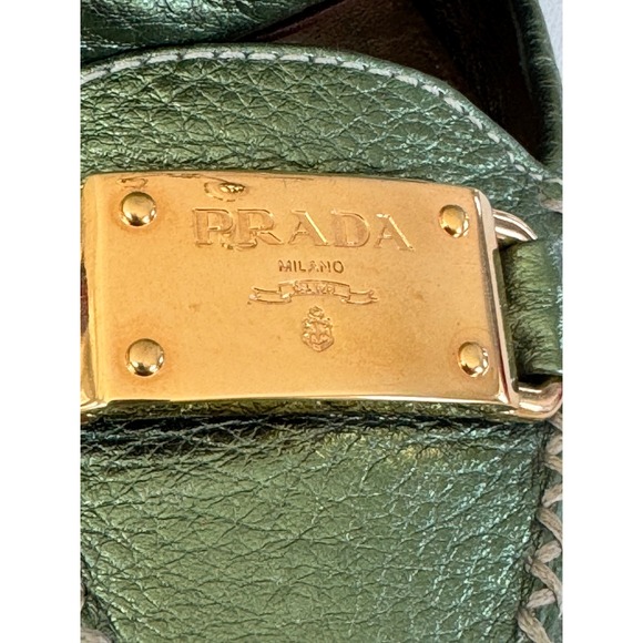 Prada Metallic Olive Leather Plaque Loafers EU 36 Vintage Y2K Made Italy - Picture 2 of 15